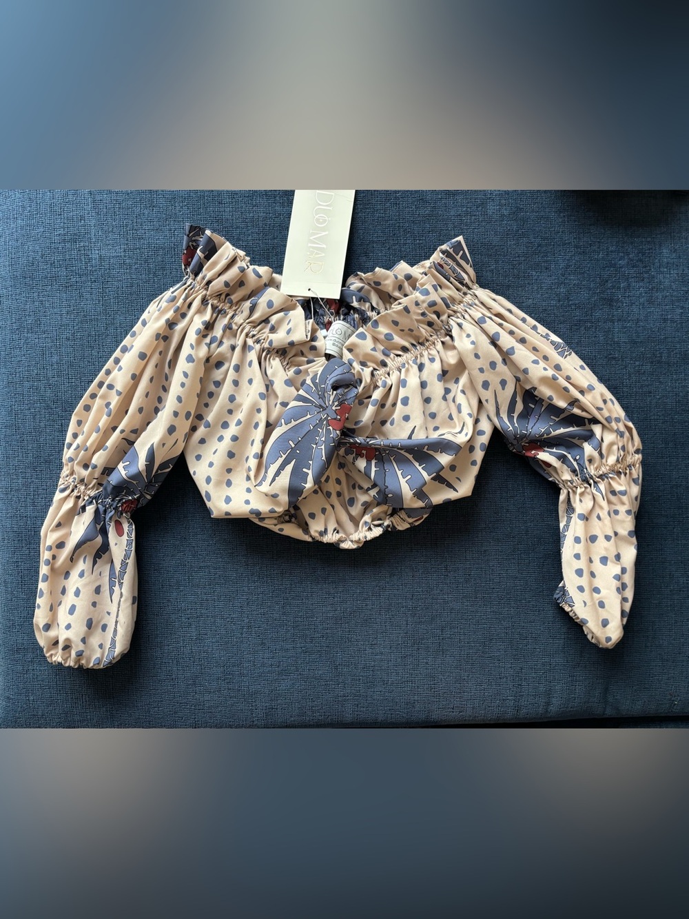 NEW Duo Mar Beige Polka Dot Off-Shoulder Crop Top with Navy Floral Accents